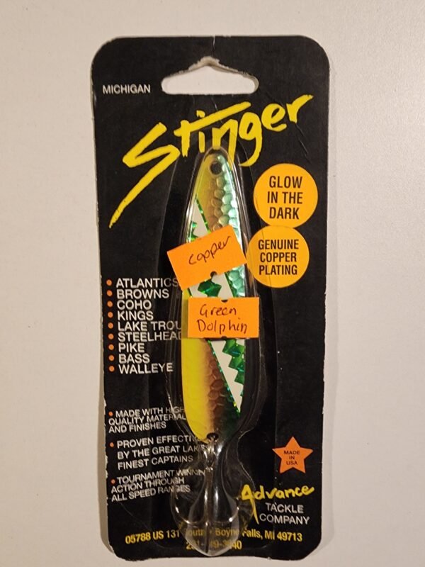 Michigan Stinger 3 3/4" Spoon: Copper Green Dolphin Glow in the dark CH72