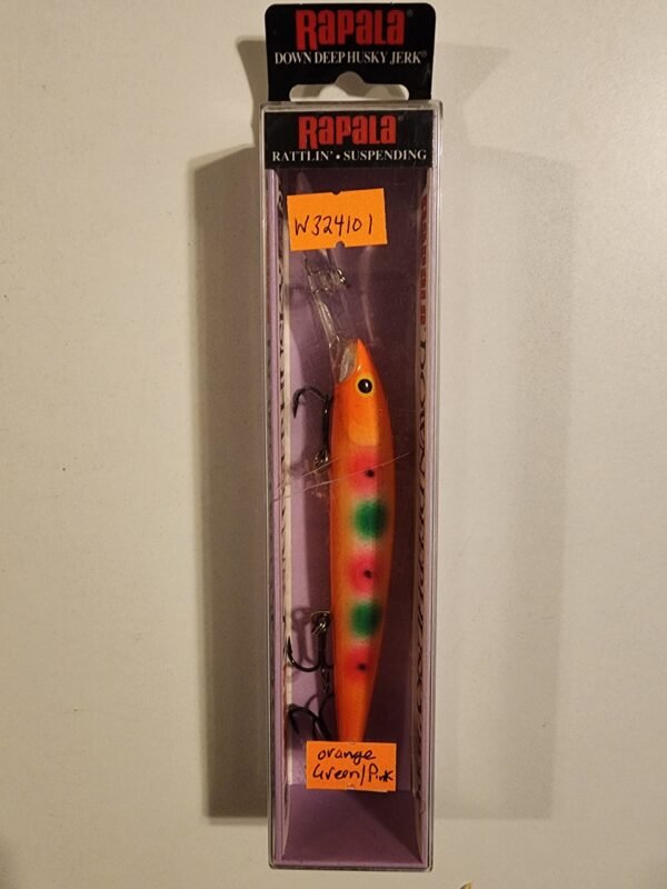 Custom Painted Deep Down Husky Jerks DHJ-12: Orange, Green Dots